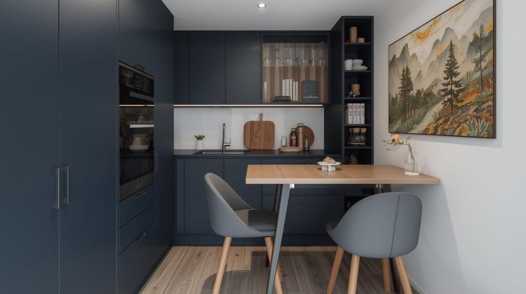 Modern kitchen design featuring navy blue cabinetry, wooden accents, and a cozy dining area with stylish chairs and decorative artwork. Ideal for small spaces.