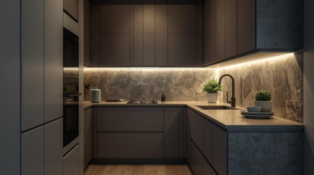 Modern kitchen interior featuring dark cabinetry, stylish countertops, and ambient lighting, complemented by decorative plants and sleek appliances for a contemporary look.