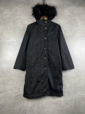 Prada Vintage 2000s Black Nylon Coat with Faux Fur Hood Size 44 Made in Italy