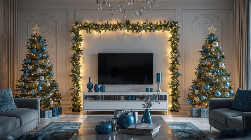 Elegant living room decorated for Christmas, featuring two blue-themed trees, stylish furnishings, and a modern television, creating a cozy holiday atmosphere.