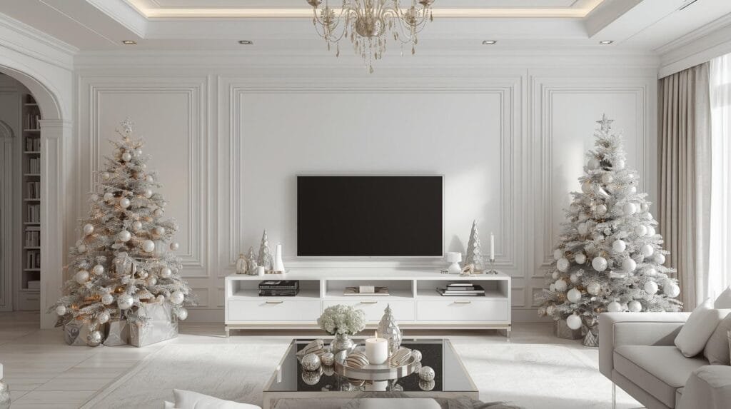 Elegant living room decorated for Christmas, featuring two white trees, a modern TV, and stylish decor in a bright, minimalist space.