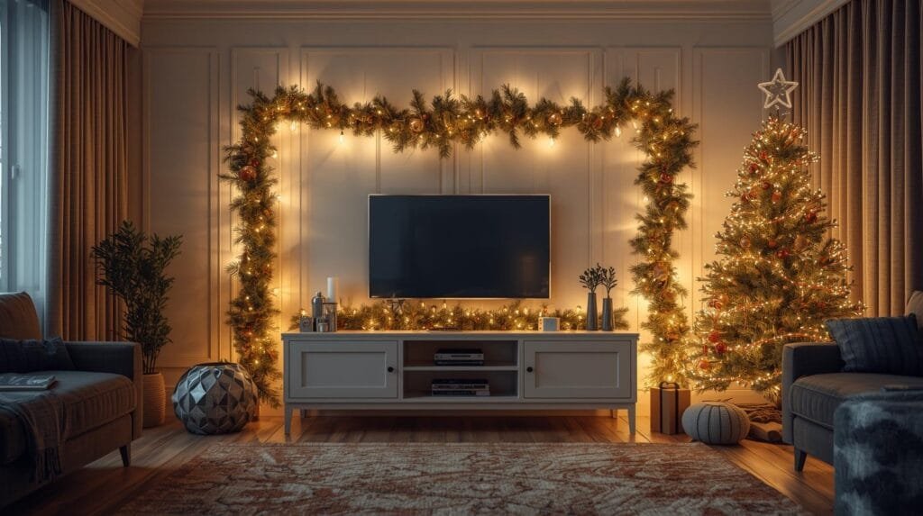 Cozy living room decorated for Christmas, featuring a TV surrounded by garlands, a beautifully lit tree, and festive ornaments, creating a warm holiday atmosphere.