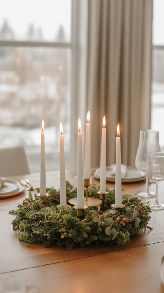 sophisticated candle and greenery arrangement