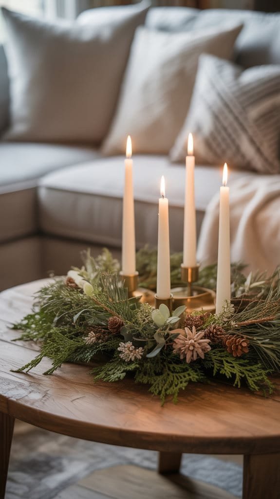 tapered candles with evergreens