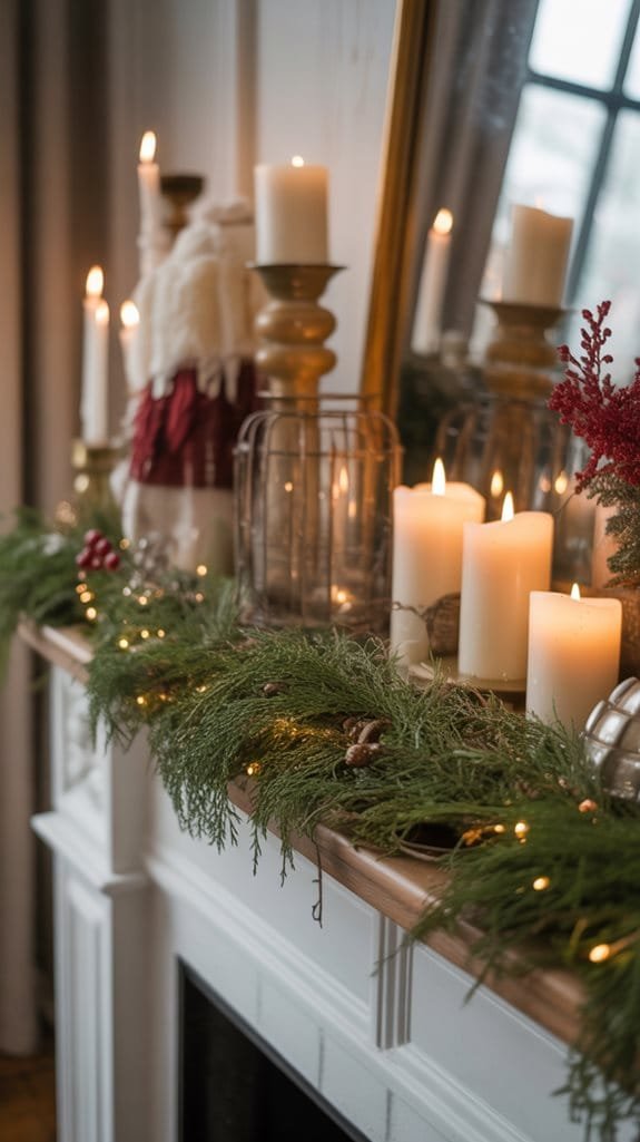 timeless evergreen mantel arrangement
