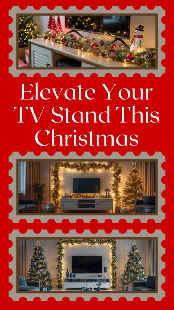 Decorated TV stands for Christmas featuring festive lights, ornaments, and trees, enhancing holiday ambiance in stylish living room settings.