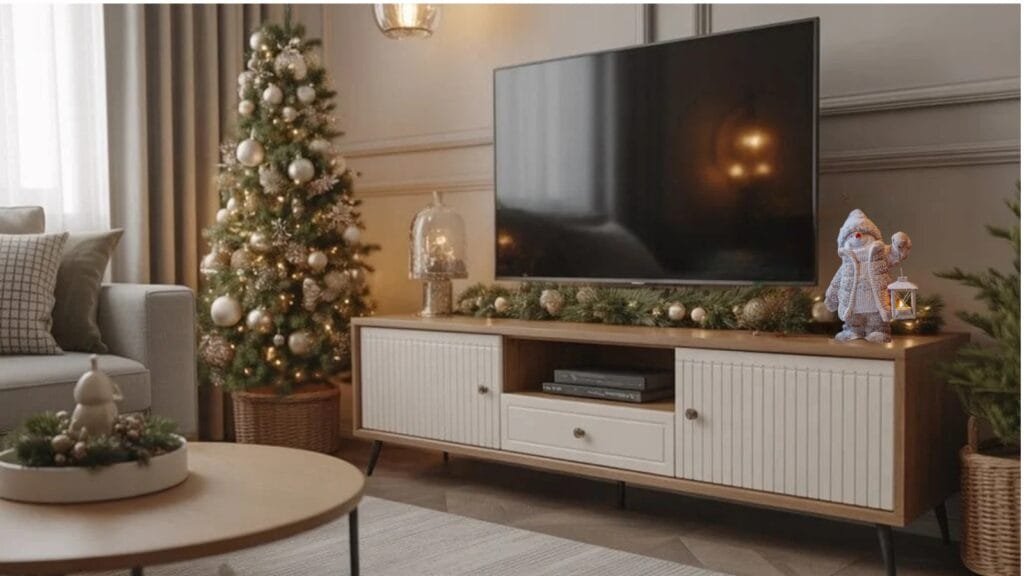 Cozy holiday living room featuring a beautifully decorated Christmas tree, elegant furnishings, and a charming plush figure holding a lantern.
