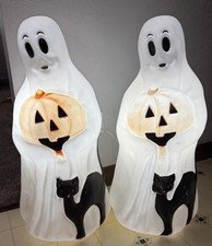 Two (2) Vintage Working Blow Mold 34” Empire Halloween Ghost Pumpkin and Cat