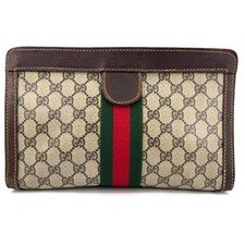 Vintage GUCCI Clutch Bag Sherry Line GG Pouch Brown PVC Leather Auth