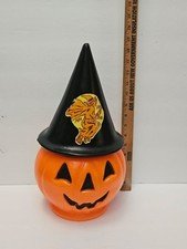 Vintage Halloween Blow Mold Pumpkin With Witch Hat Sticker *No Cord Or Light*