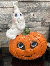 Vintage Halloween Ceramic Pumpkin Jack O Lantern & Ghost Sitter On Pumpkin