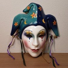 Vintage Hand Painted Porcelain Clay Art Jester Wall Hanging Masquerade Mask