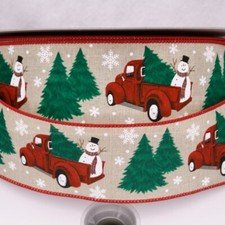 Vintage Truck Hauling Frosty w/Tree Christmas Ribbon 2 1/2" Wired 5 Yard 4002618