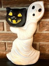 VTG 13" GENERAL FOAM GHOST HOLDING CAT HEAD HALLOWEEN BLOW MOLD LIGHT YARD DECOR