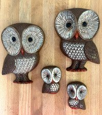 VTG 1970s Kitsch Big-Eyed OWL Family Wall Plaques ~ Set of 4