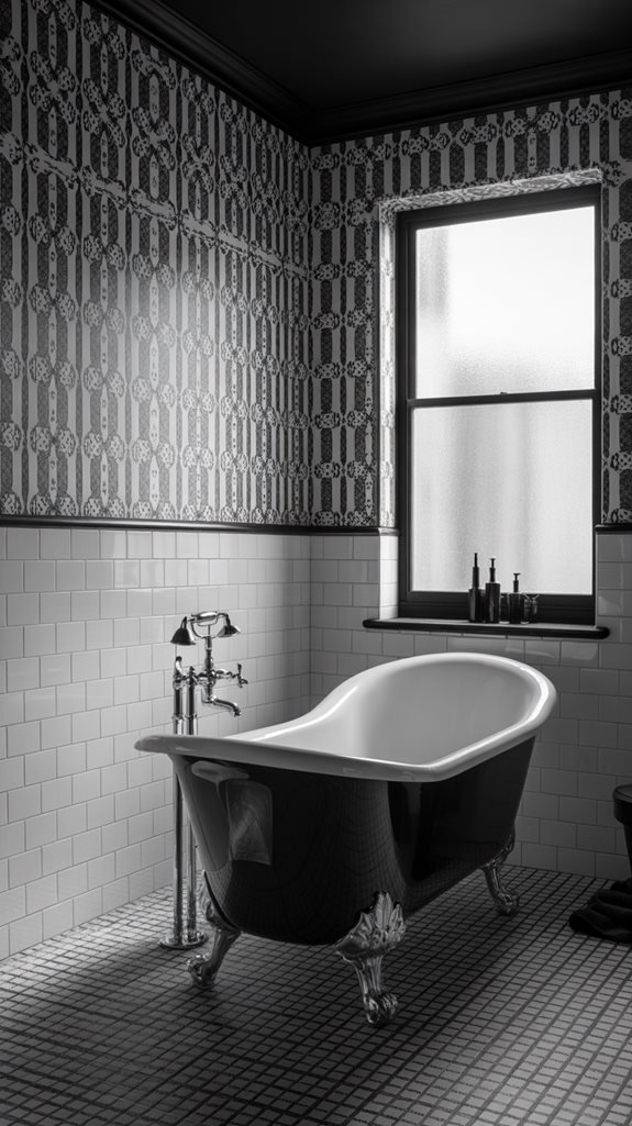 wallpaper enhances black bathroom