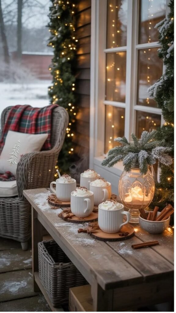 Cozy winter scene featuring mugs of hot chocolate with whipped cream, a festive table setting, and warm holiday decorations on a snowy porch.