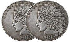 2PCS 1907 Antique Liberty Indian Head $10 Dollar Coin, Uncirculated Morgan Silve