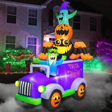8Ft Halloween Inflatable Horror Frankenstein Driving a Car with Spider, Pumpkin