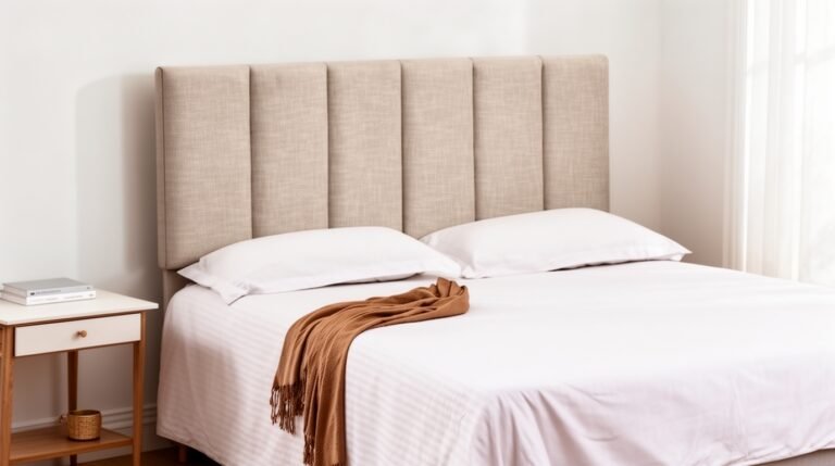 Modern bedroom featuring a stylish upholstered headboard, white bedding, and a cozy throw, enhancing the aesthetic appeal and comfort of the space.