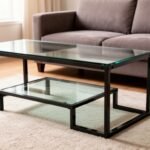 Modern glass coffee table with black metal frame, featuring a lower shelf, positioned on a plush rug in a stylish living room setting.