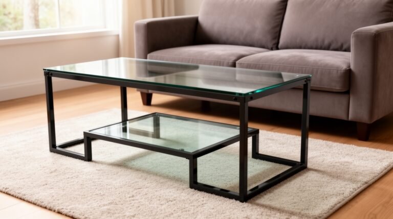 Modern glass coffee table with black metal frame, featuring a lower shelf, positioned on a plush rug in a stylish living room setting.