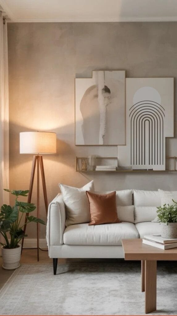 Modern living room featuring a stylish white sofa, decorative pillows, tripod lamp, and wall art in neutral tones, creating a cozy and inviting atmosphere.