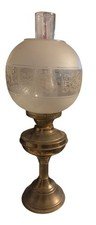 Antique 1900 Edwardian English Brass Duplex Oil Lamp W Glass Shade