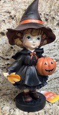 Candy Corn Lane Halloween Auburn hair Witches w/ Pumpkin & Maple Leaf figurine