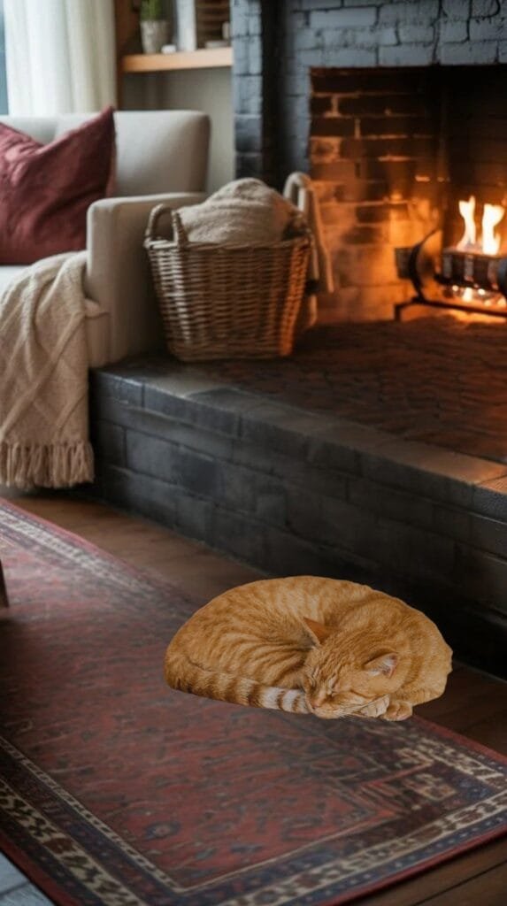 Cozy living room scene featuring a sleeping orange tabby cat near a warm fireplace, with a comfortable sofa and decorative basket in the background.