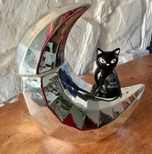 Cobwebs & Cauldrons Halloween Cat Silver Crescent Moon Cookie Jar Unused