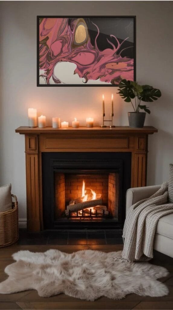 Cozy living room featuring a modern fireplace, decorative candles, abstract artwork, and a plush rug, creating a warm and inviting atmosphere.