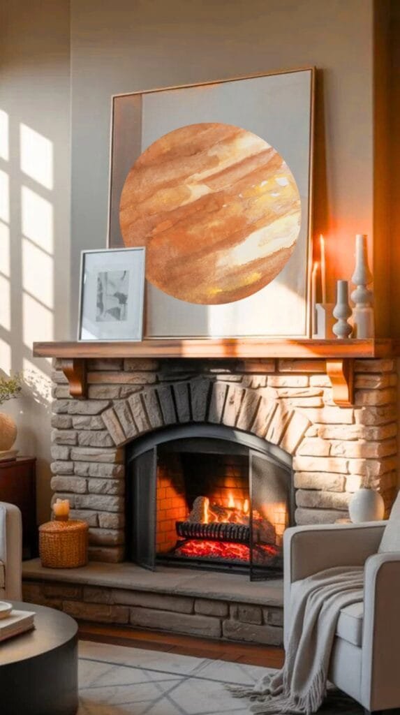 Cozy living room featuring a stone fireplace, warm fire, and modern artwork above the mantel, creating a welcoming atmosphere for relaxation.