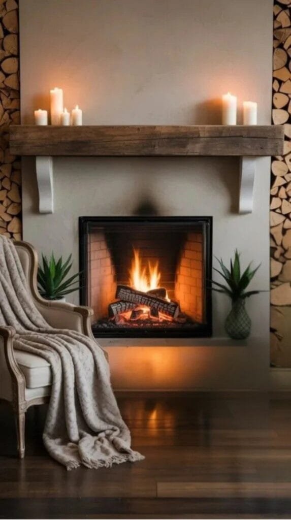 Cozy living room featuring a modern fireplace, elegant armchair, soft blanket, candles, and decorative plants, creating a warm and inviting atmosphere.