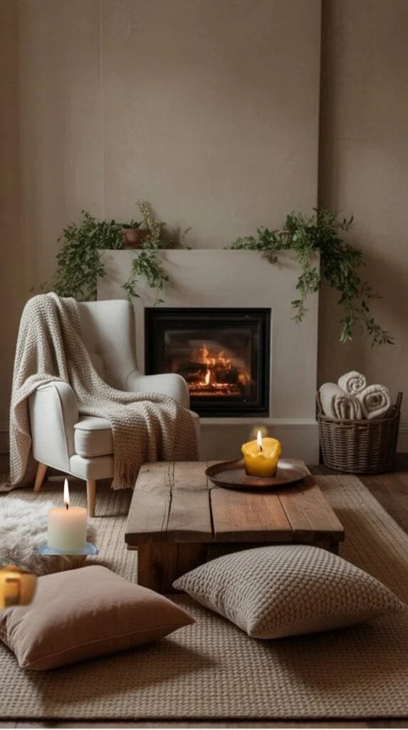 Cozy living room featuring a warm fireplace, comfortable armchair, decorative pillows, and candles, creating a relaxing and inviting atmosphere.