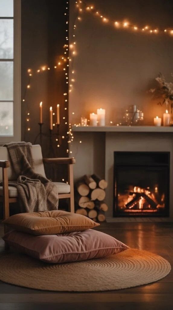 Cozy living room featuring a chair, decorative pillows, candles, fairy lights, and a warm fireplace, creating a relaxing atmosphere.