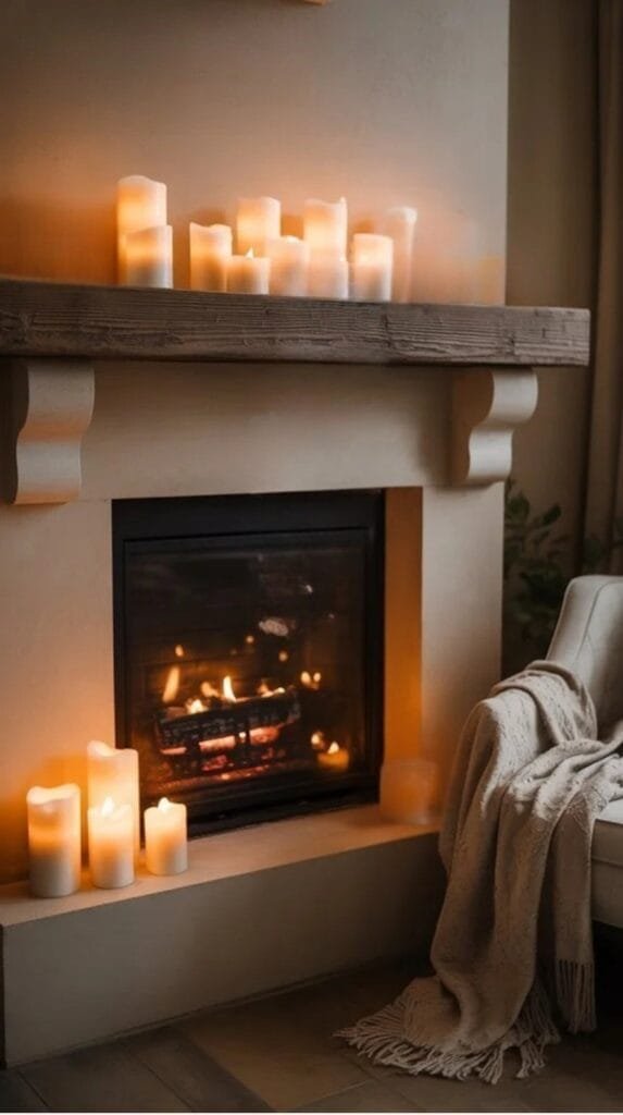 Cozy living room featuring a fireplace with glowing candles on the mantel and a soft blanket draped over a chair, creating a warm atmosphere.
