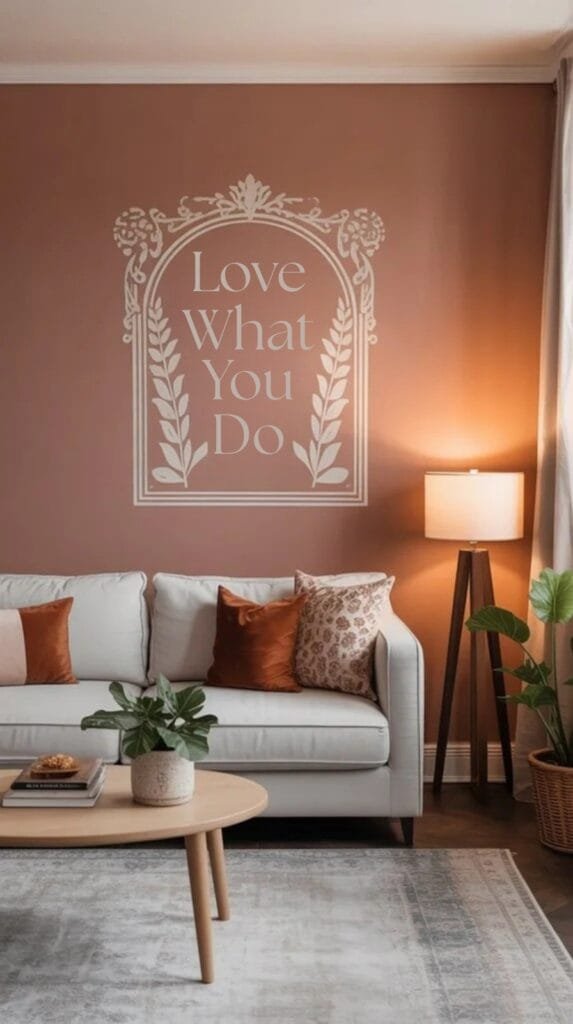 Cozy living room featuring a motivational wall decal, stylish furniture, and decorative plants, creating an inviting and inspirational atmosphere.