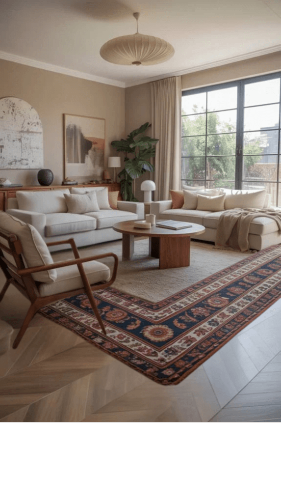 Modern living room featuring neutral tones, stylish furniture, a decorative rug, and large windows that allow natural light to illuminate the space.