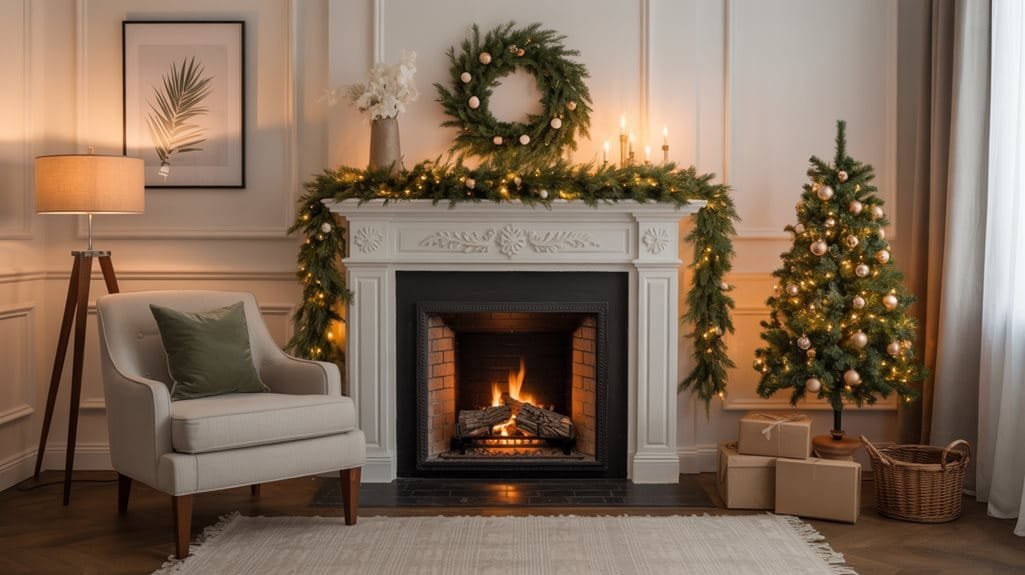 festive fireplace greenery arrangement