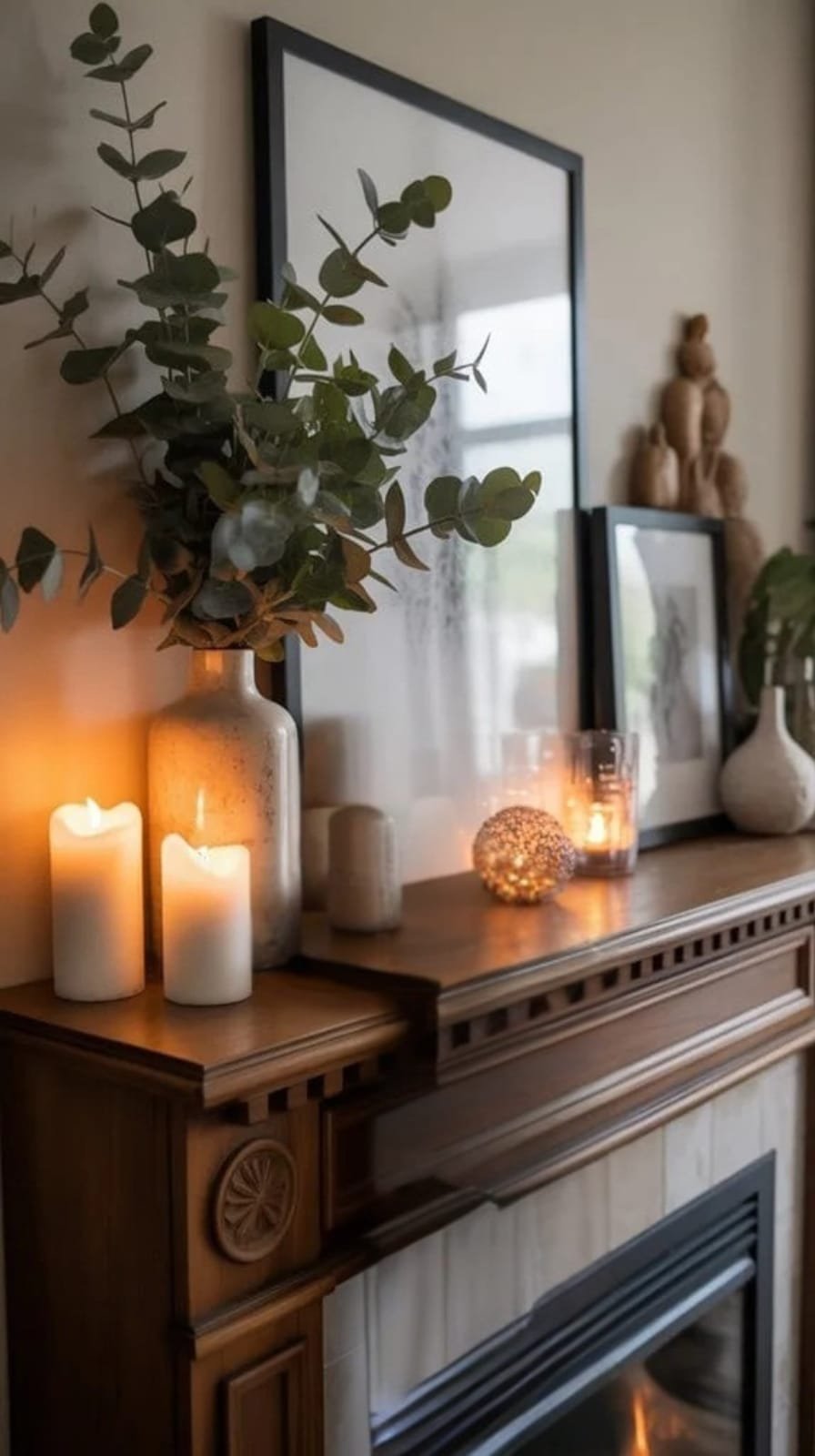 Cozy fireplace mantel adorned with candles, decorative vases, and eucalyptus, creating a warm and inviting home atmosphere. Perfect for interior design inspiration.