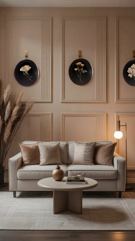 Elegant living room featuring a modern sofa, decorative pillows, stylish coffee table, and wall art with floral designs in round plates. Cozy and inviting atmosphere.