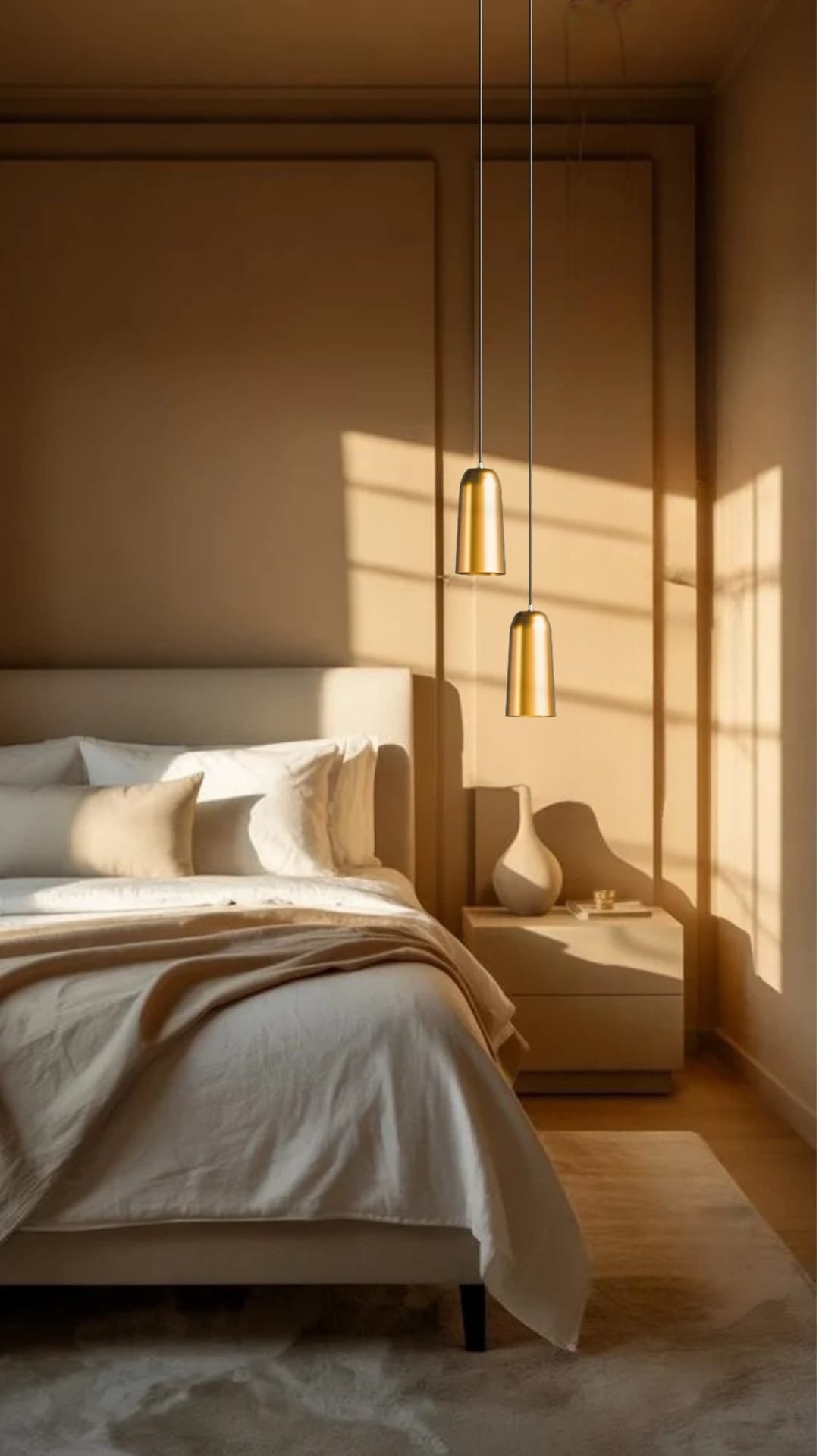 Cozy bedroom featuring a neutral color palette, pendant lighting, and soft textures, creating a warm and inviting atmosphere. Ideal for relaxation and comfort.