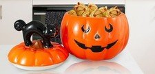 Halloween Jack-o'-lantern Black Cat Cookie Jar Canister Storage New Without Tag