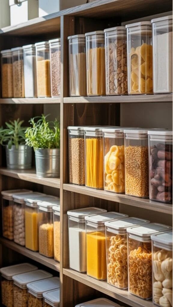 Organized pantry shelves displaying clear storage containers filled with various grains, pasta, and legumes, alongside potted herbs for a stylish kitchen setup.
