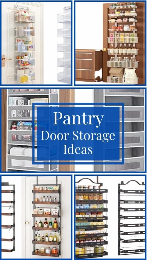 Various pantry door storage ideas showcasing creative organization solutions for maximizing space with shelves, baskets, and containers for food items and spices.