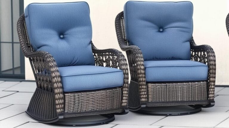 Two stylish outdoor rocking chairs with blue cushions and woven frames, perfect for patio relaxation and enhancing outdoor decor.