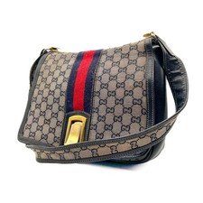 Vintage Gucci Sherry Line Slide Lock GG Canvas Navy Leather Shoulder Bag Auth