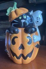 Vintage Halloween Ceramic Pumpkin Jack O Lantern Black Cat Cookie Jar Ghost 11"