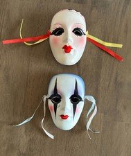 Vintage Painted Face Mask Porcelain Wall Hanging Art Set of 2